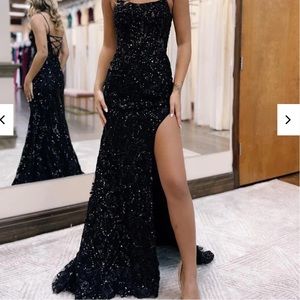 Black lace and sequin prom dress with lace up back, size 2